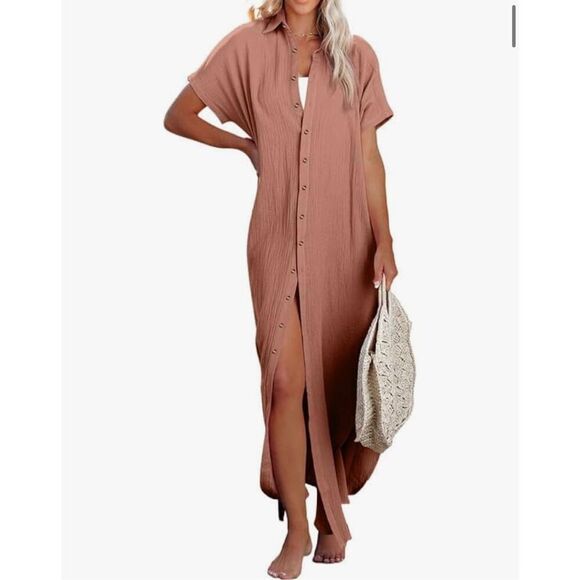 NEW Pink Button Down Long Kimono Swimsuit Cover Up S - Picture 1 of 8